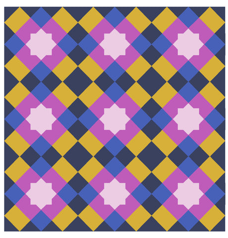 Marrakesh quilt mockup in pink, blue and yellow.