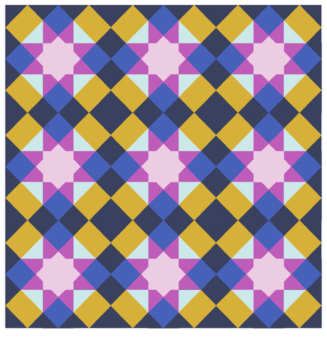 Marrakesh quilt mockup in pink, blue and yellow.