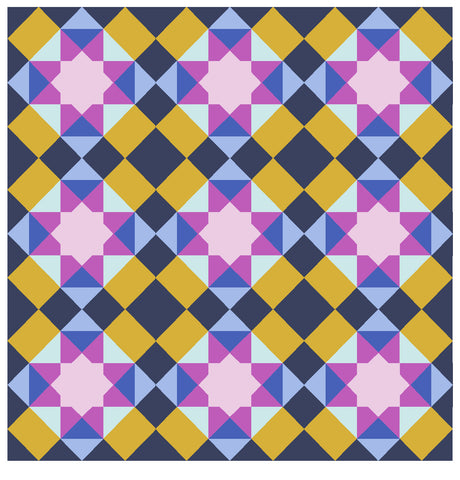 Marrakesh quilt mockup in pink, blue and yellow.