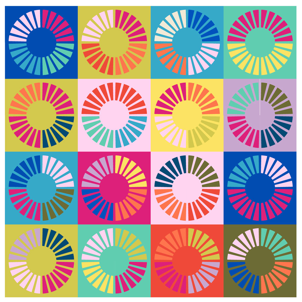 A colorful quilt made of quarter circle wedges on multi colors background.