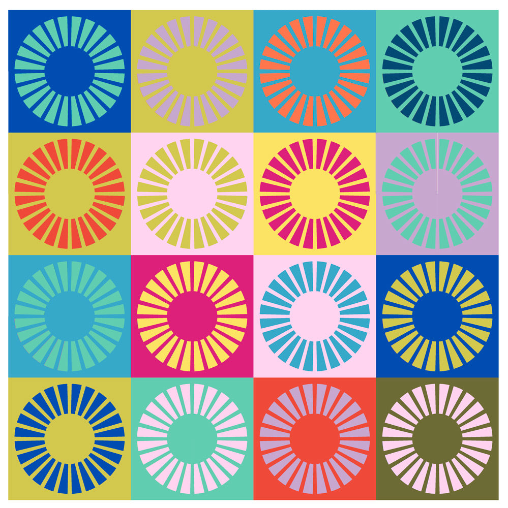 A colorful quilt made of quarter circle wedges on multi colors background.