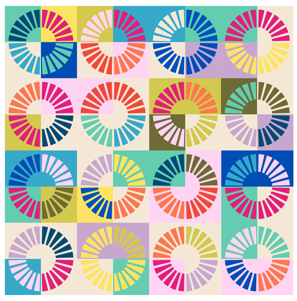 A colorful quilt made of quarter circle wedges on multi colors background.