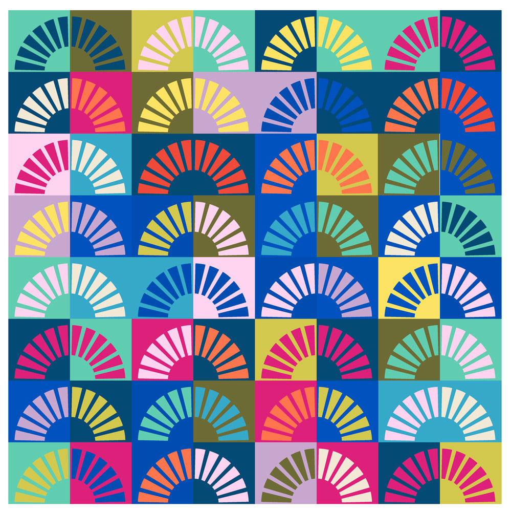 A colorful quilt made of quarter circle wedges on multi colors background.