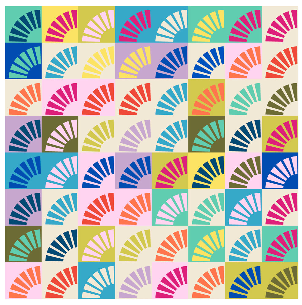 A colorful quilt made of quarter circle wedges on multi color backgrounds.