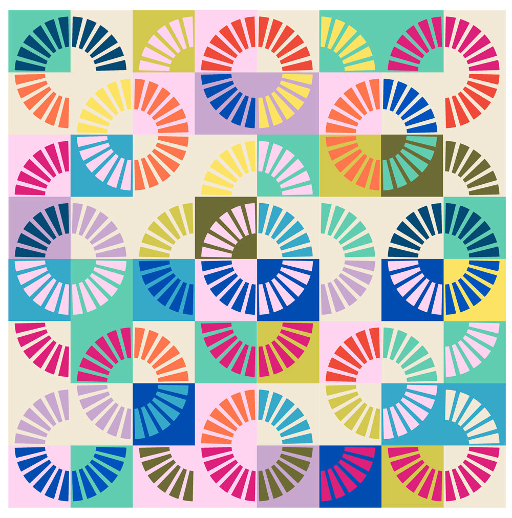 A colorful quilt made of quarter circle wedges on multi colors background.