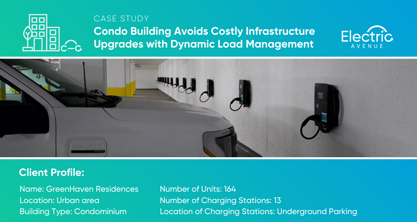 Case Study: Condo Building Avoids Costly Infrastructure Upgrades with Dynamic Load Management. Image of Watti Pro Chargers installed in underground parking garage of condo building with 164 units and 13 charging stations