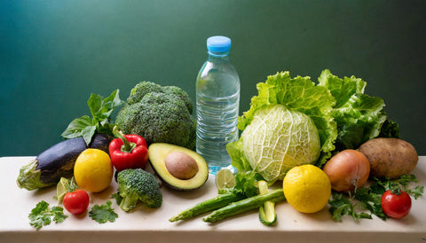 fruits, légumes et eau minérale : une alimentation saine et une bonne hydratation sont des élements indispensables a la bonne santé des cheveux