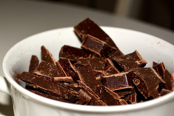 Des morceaux de chocolat noir brisés dans un bol blanc, évoquant la gourmandise et les bienfaits du cacao
