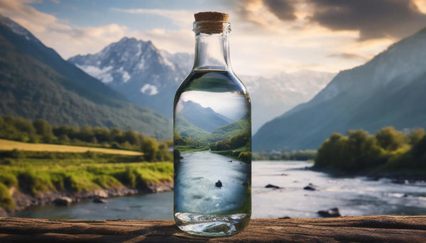 photographie d'une bouteille d'eau pure face a des montagnes, l'eau une boisson en cas de brulure d'estomac
