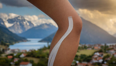 Photographie d'un genoux, en arrière plan des montagnes et un lac, le genou est la première articulation pouvant être douloureuse