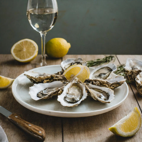 des huitres , des aphrodisiaques naturels, sur une table avec un verre de vin