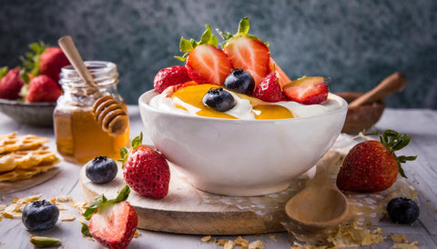 yaourt grec, fruits frais et miel , un combo parfait pour une idée de menu pour manger sainement