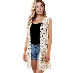 Womens Floral Crochet Lace Boho Trim Sleeveless Open Front Vest Cardigan White Beige - Wish and Love Farms 