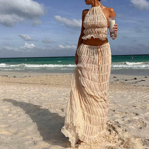 Women Boho Sexy Backless Matching Suit 2 Piece Beach Holiday Outfits Vintage Ruched Halter Cami Tops + Maxi Long Skirt Party - Wish and Love Farms 