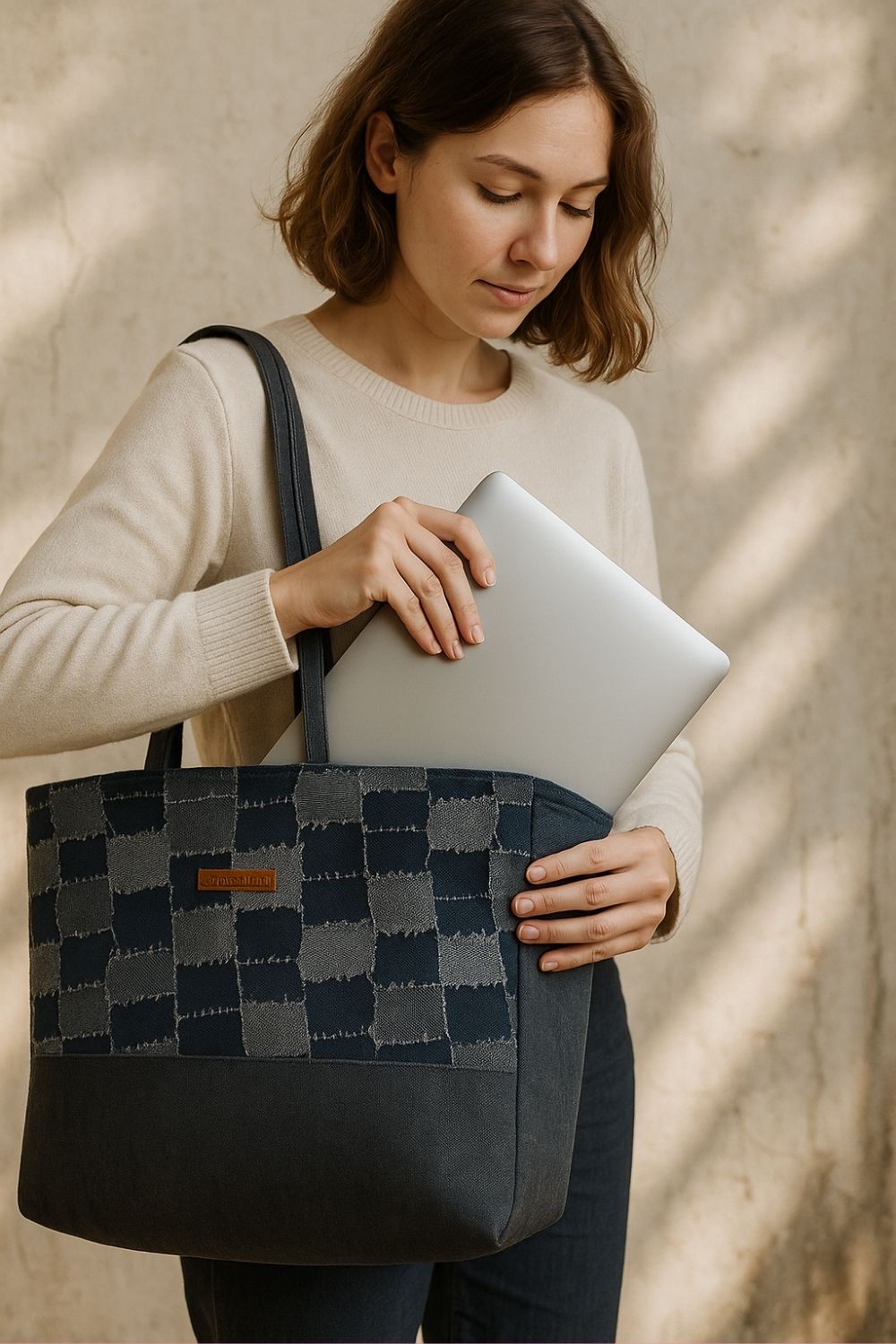 Woman placing a silver laptop into a navy and grey patchwork tote bag, showing a stylish and practical option for carrying devices securely