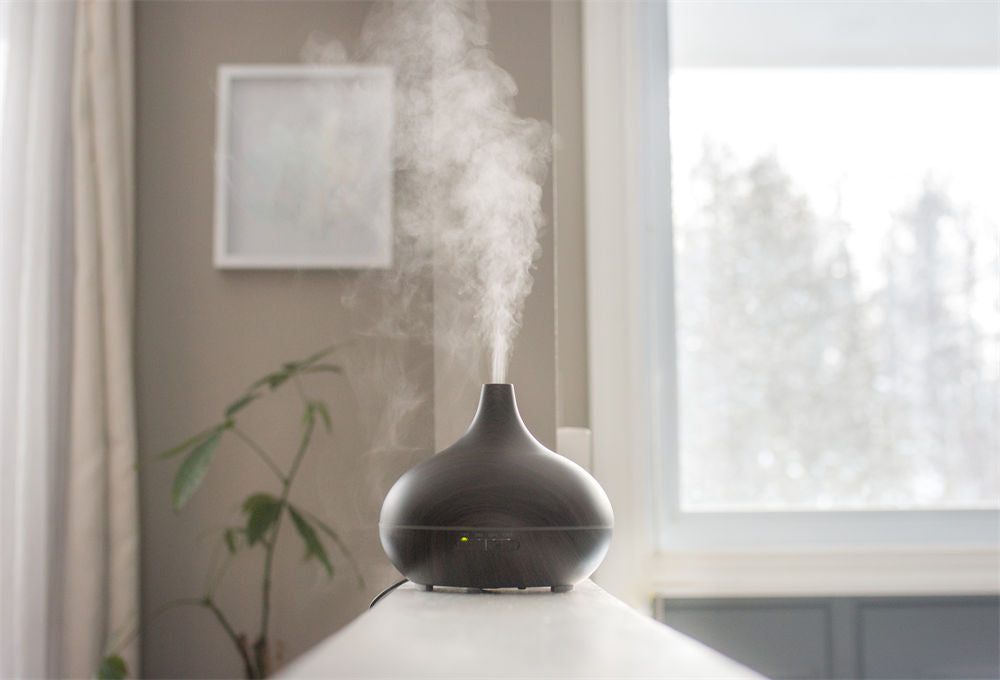 Essential oils diffusing at home in the morning light