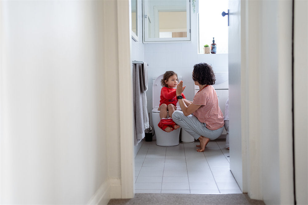 Preschool age girl potty training with her mom's help