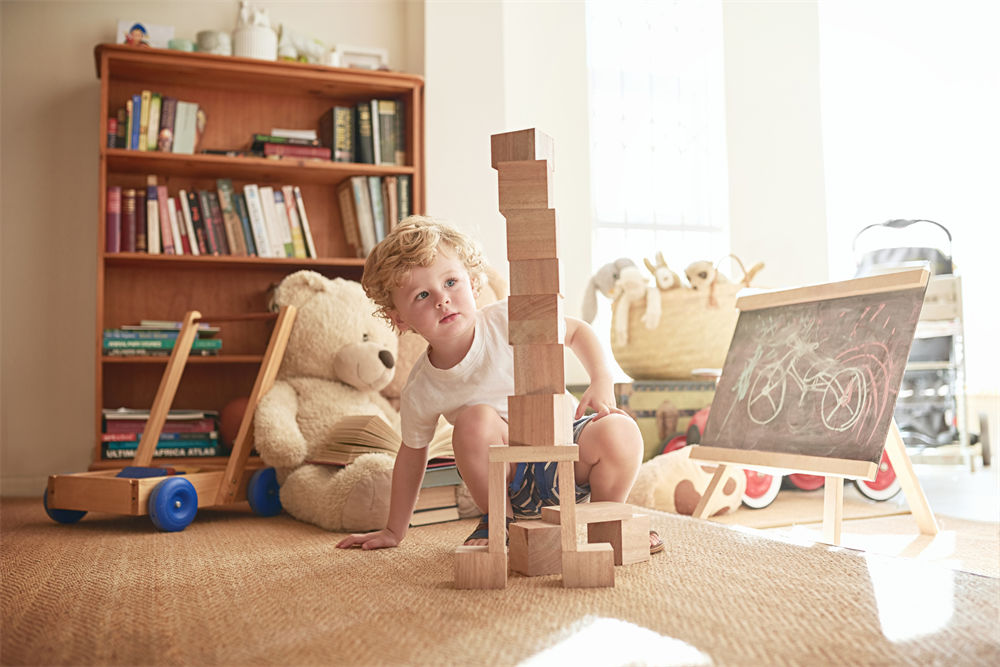 Shot of an adorable little boy playing with wooden blocks at hom