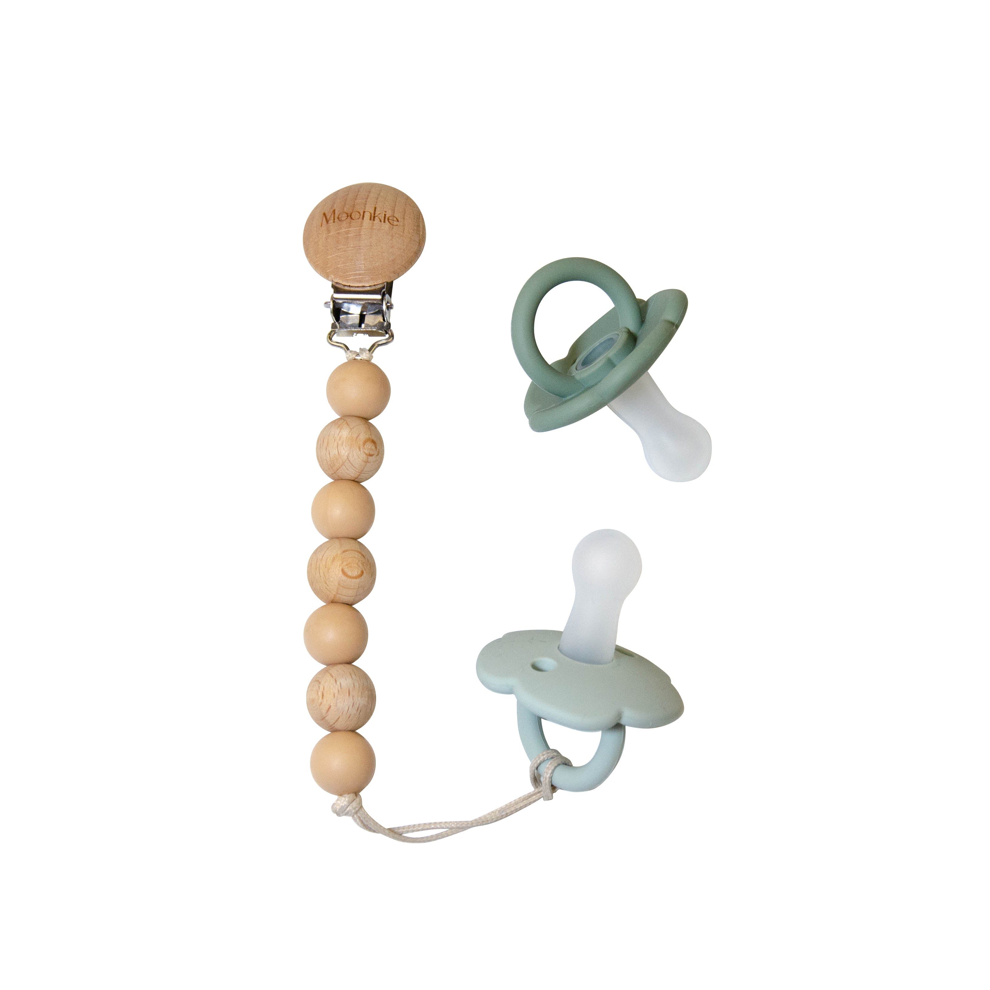 Natural Beech Wood Baby Pacifier Holder Clips, with Iron Clips, Half Round,  Platinum, Tan, 44.5x30x17.5mm, Hole: 7x3mm, Half Round: 30mm
