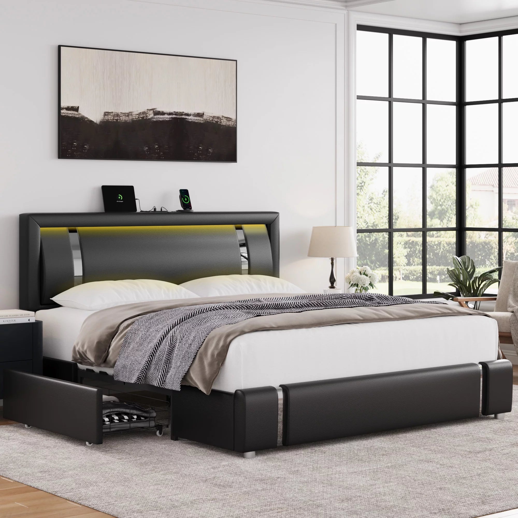 Homfa Queen Size LED Bed Frame with 2 Storage Drawers, Modern Leather Upholstered Platform Bed Frame with Adjustable Headboard, White