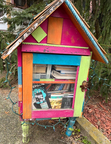 Picture of a multicolor Little Free Library filled with books