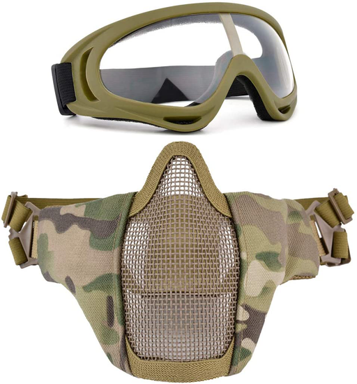 AOUTACC Airsoft Protective Gear Set, Half Face Mesh Mask with Ear  Protection and Tactical Goggles for Adult Men Women BBS Paintball Shooting  CS