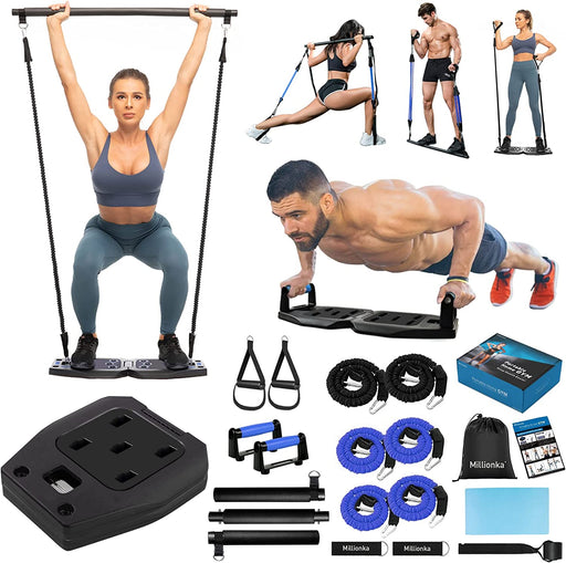 Goplus Portable Push Up Board, 33.5''x 20'' Home Gym Workout Equipment w/  16 Exercise Accessories, Tricep Bar, Resistance Bands, Ab Roller Wheel