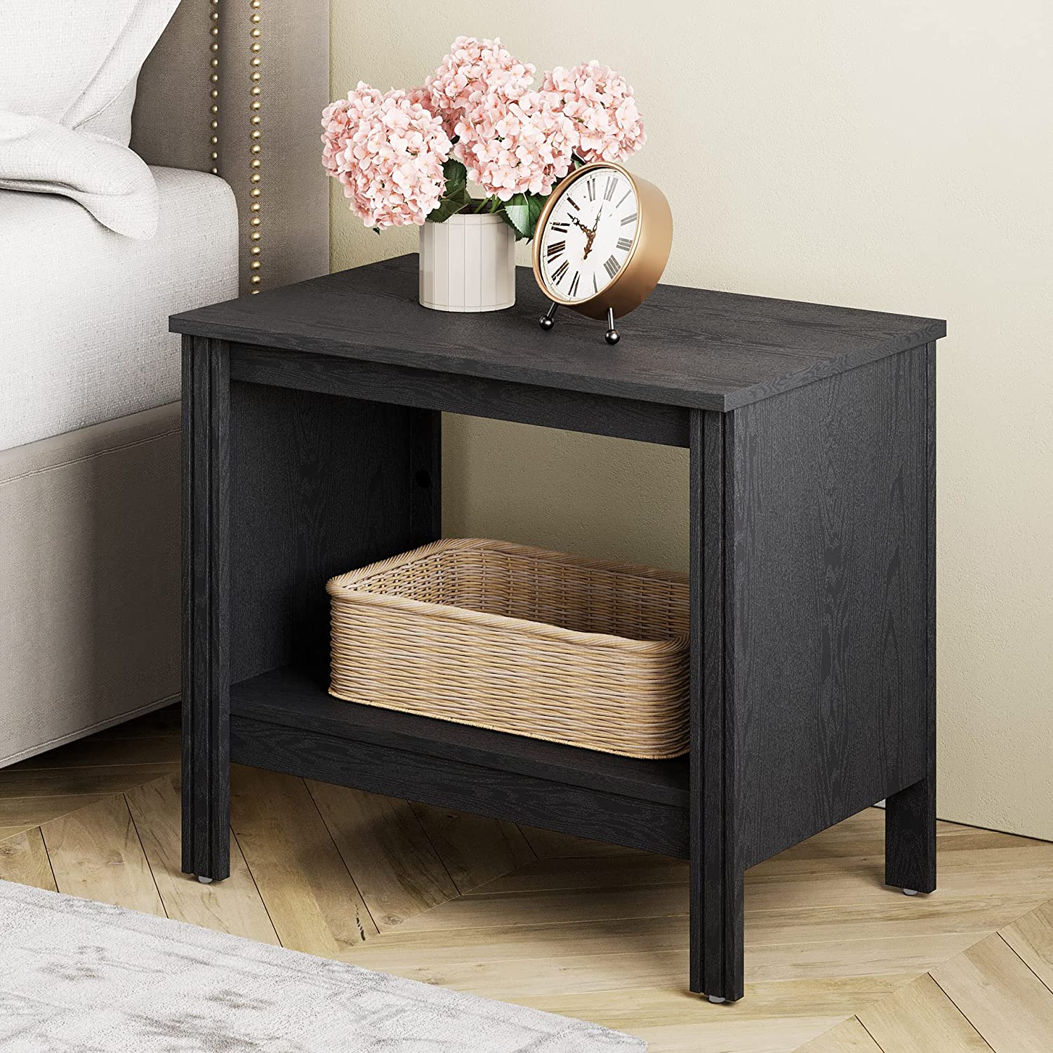 A Pair of End Tables- narrow wood tables with shelf