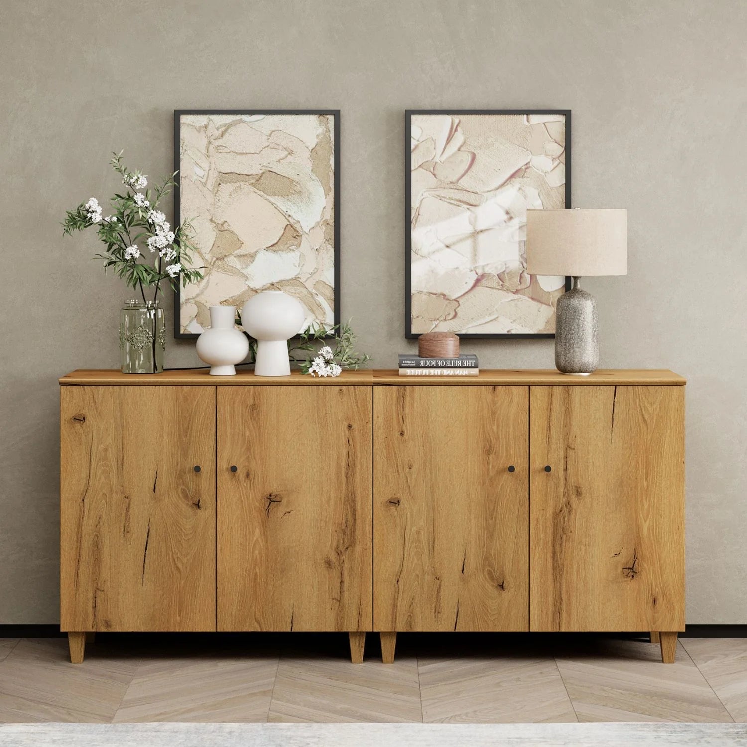 WAMPAT 70" Sideboard Buffet Cabinet, Wooden Credenza Storage Cabinets with 4 Doors, Set of 2 Modern Kitchen Accent Cabinets with 6 Compartments for Living Room, Hallway, Oak Brown