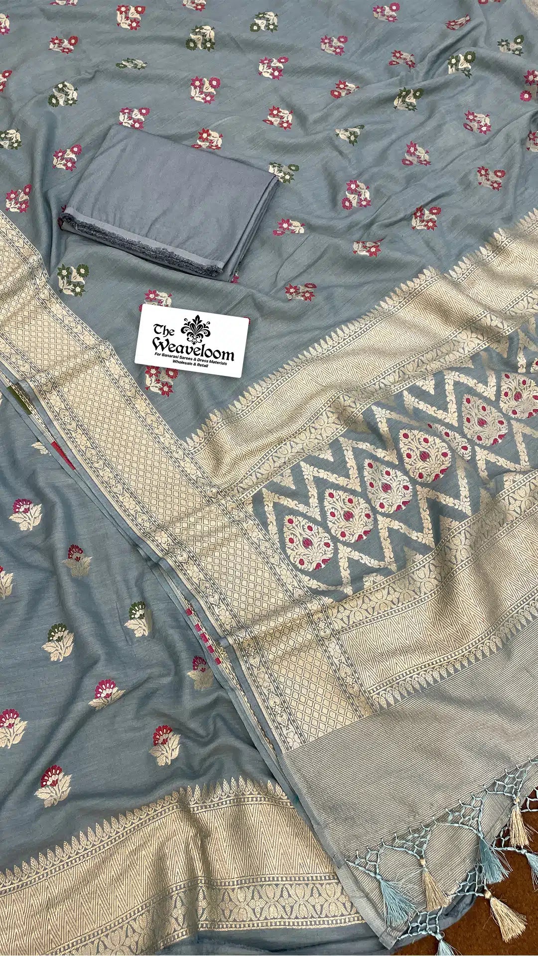 The Weaveloom grey pure Moonga silk meenakari Banarasi dress material with dupatta