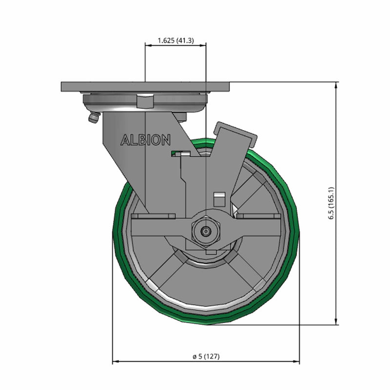 5"x2" USA-Rig Locking Caster with Green Polyurethane-on-Iron Wheel