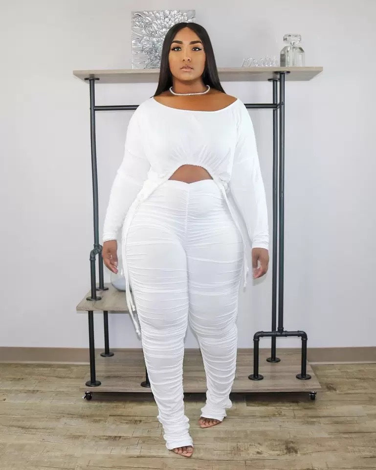 Women's Plus Size Round Neck Pleated Drawstring Long Sleeve Trousers Suit
