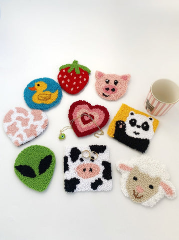 Punch Needle Coaster Mug Coaster, Heart Cow Strawberry Mini Rug