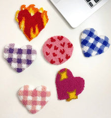 Hand tufted valentines day punch needle coaster, heart and love shape checkered punch needle