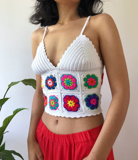 Handknitted Crochet Top With Retro Granny Square,summer Women Tank Top,festival  Crop Halter Bralette With Adjustable Ties,gypsy Yoga Top -  Hong Kong