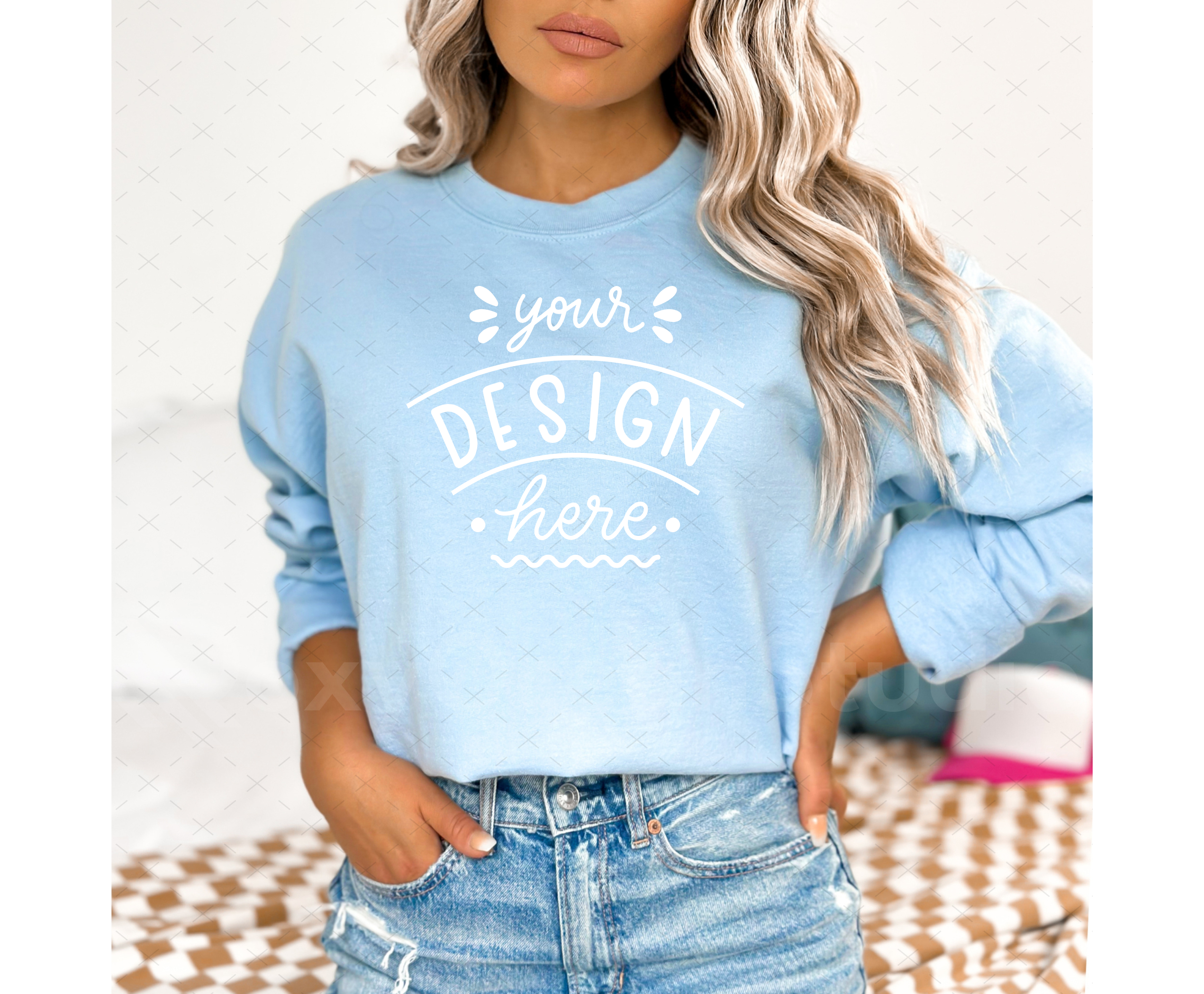 Gildan 18000 Mockup – Light Blue Crewneck Sweatshirt Mockup on Model | Style 3