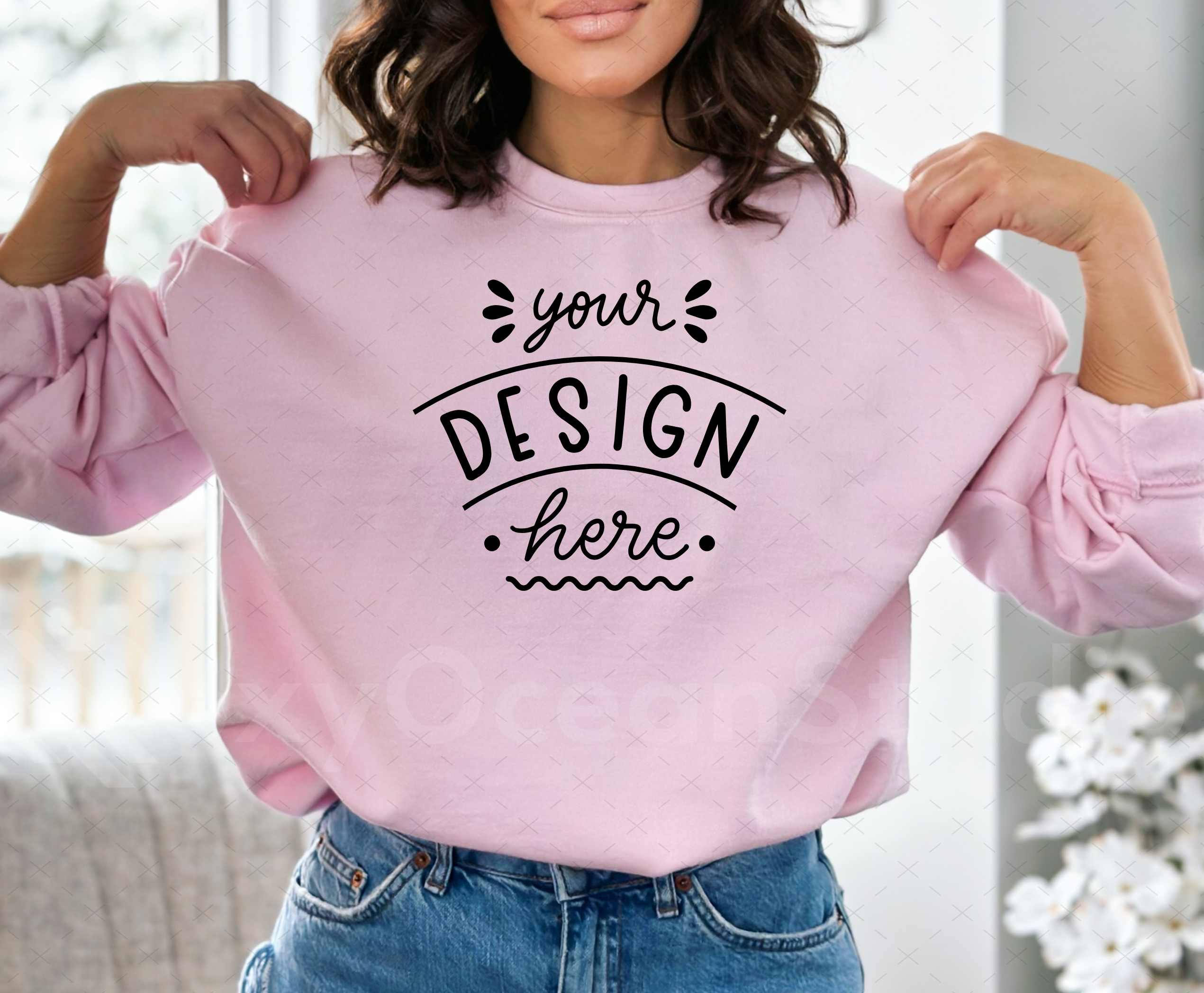 Gildan 18000 Mockup – Light Pink Crewneck Sweatshirt Mockup on Model | Style 5