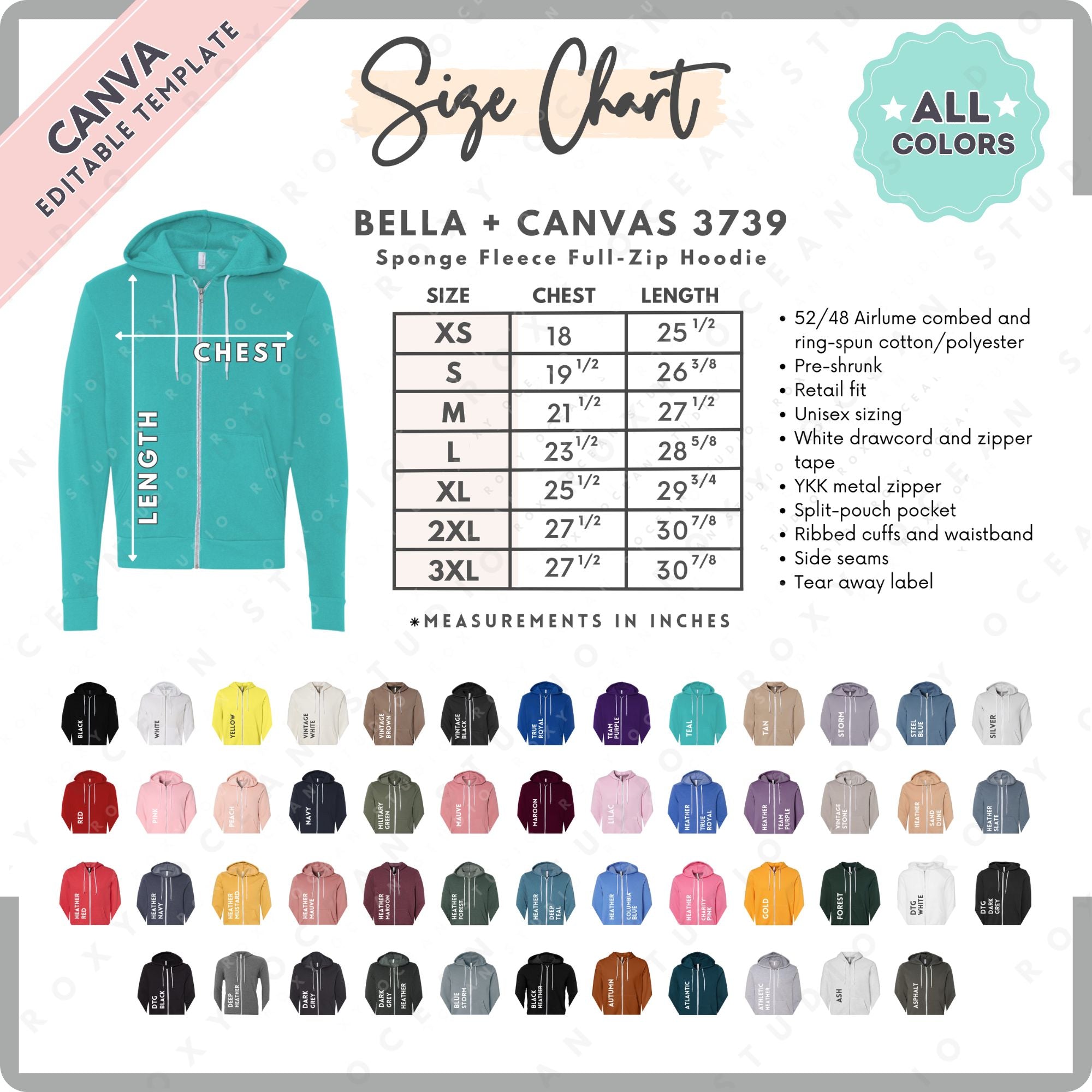 Bella Canvas 3739 Size Chart | Editable Size & Color Unisex Hoodie Sizing