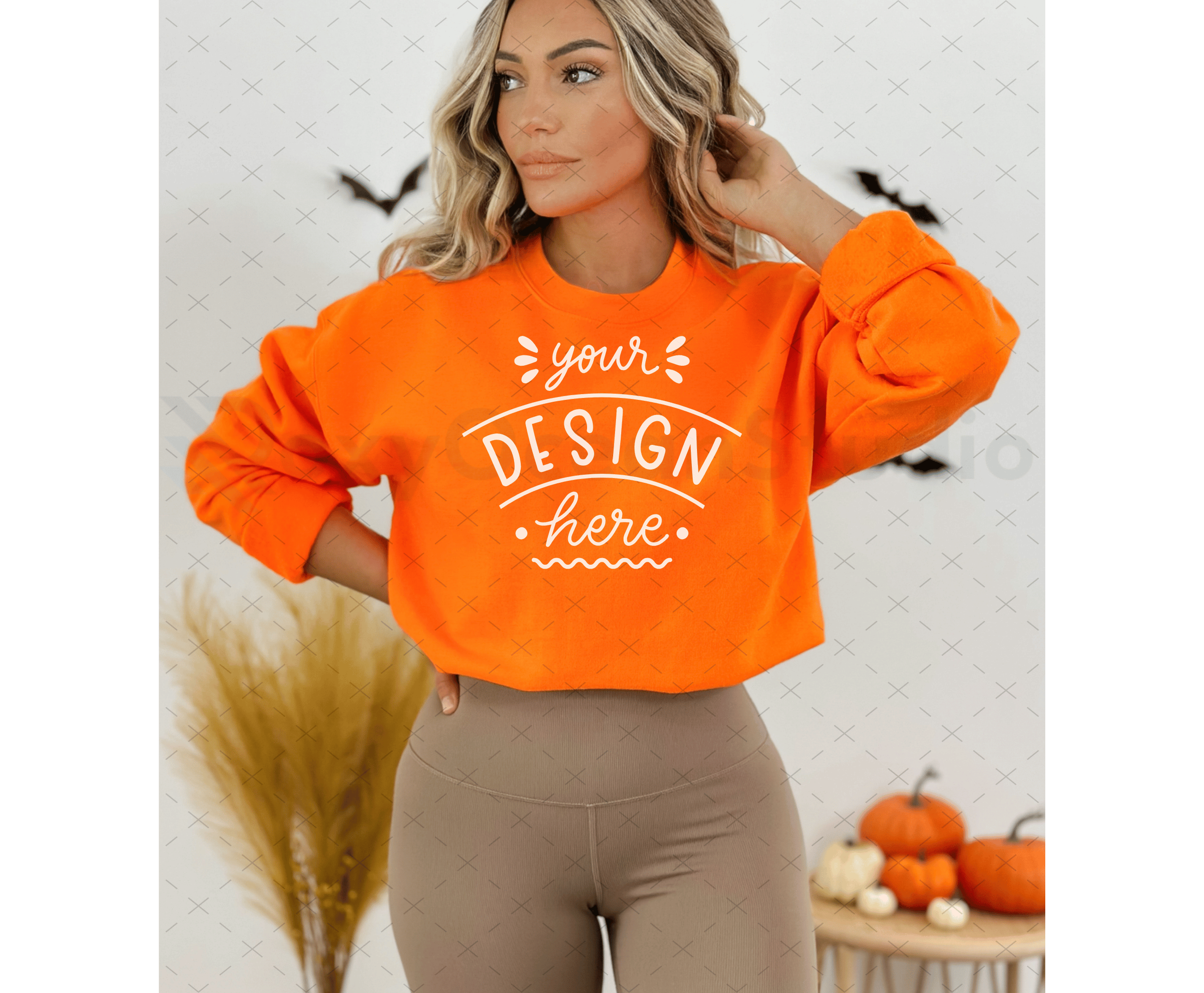 Gildan 18000 Mockup – Orange Sweatshirt on Model | Fall & Halloween Theme | Style 7