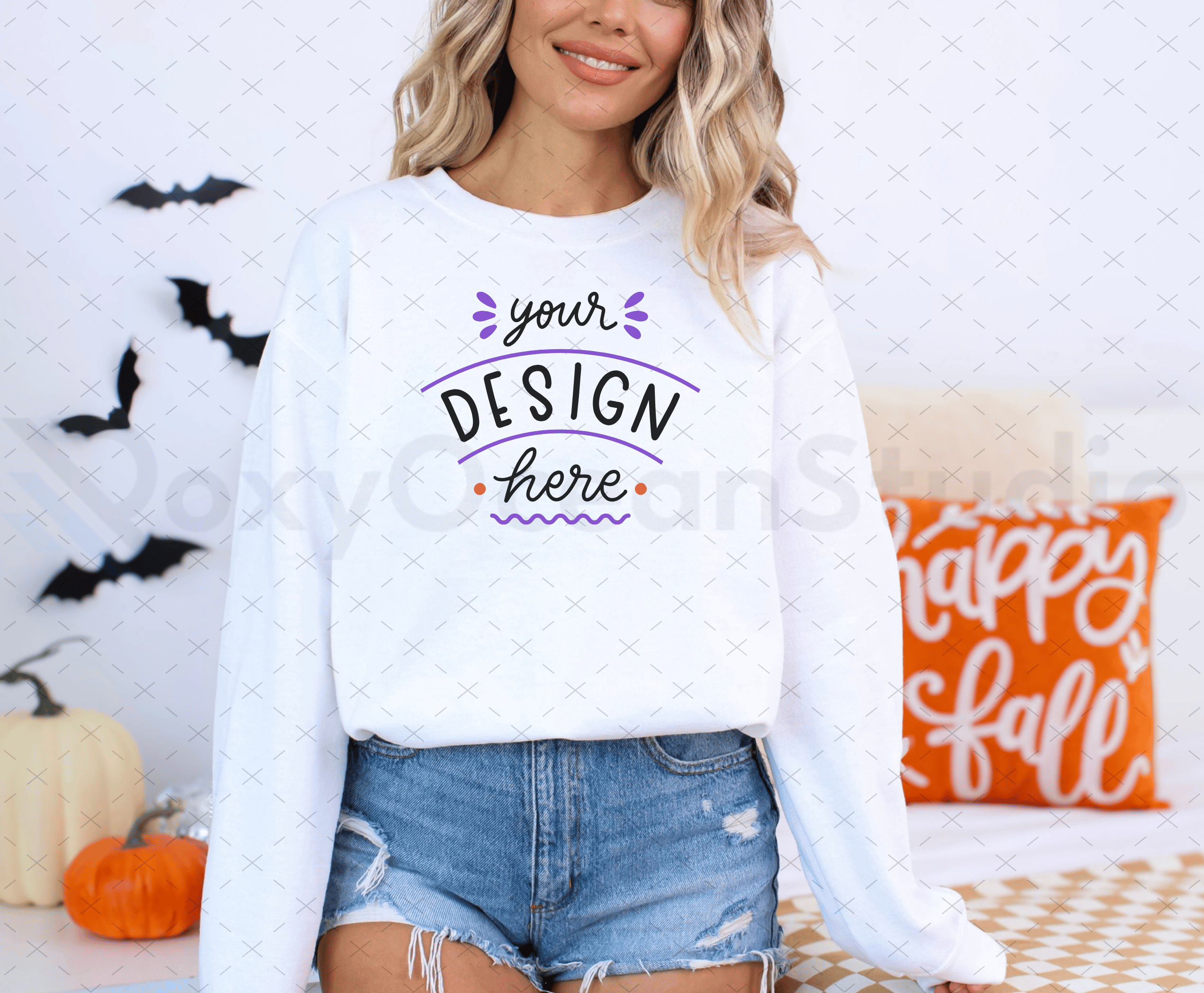 Gildan 18000 Mockup – White Sweatshirt on Model | Fall & Halloween Theme | Style 15