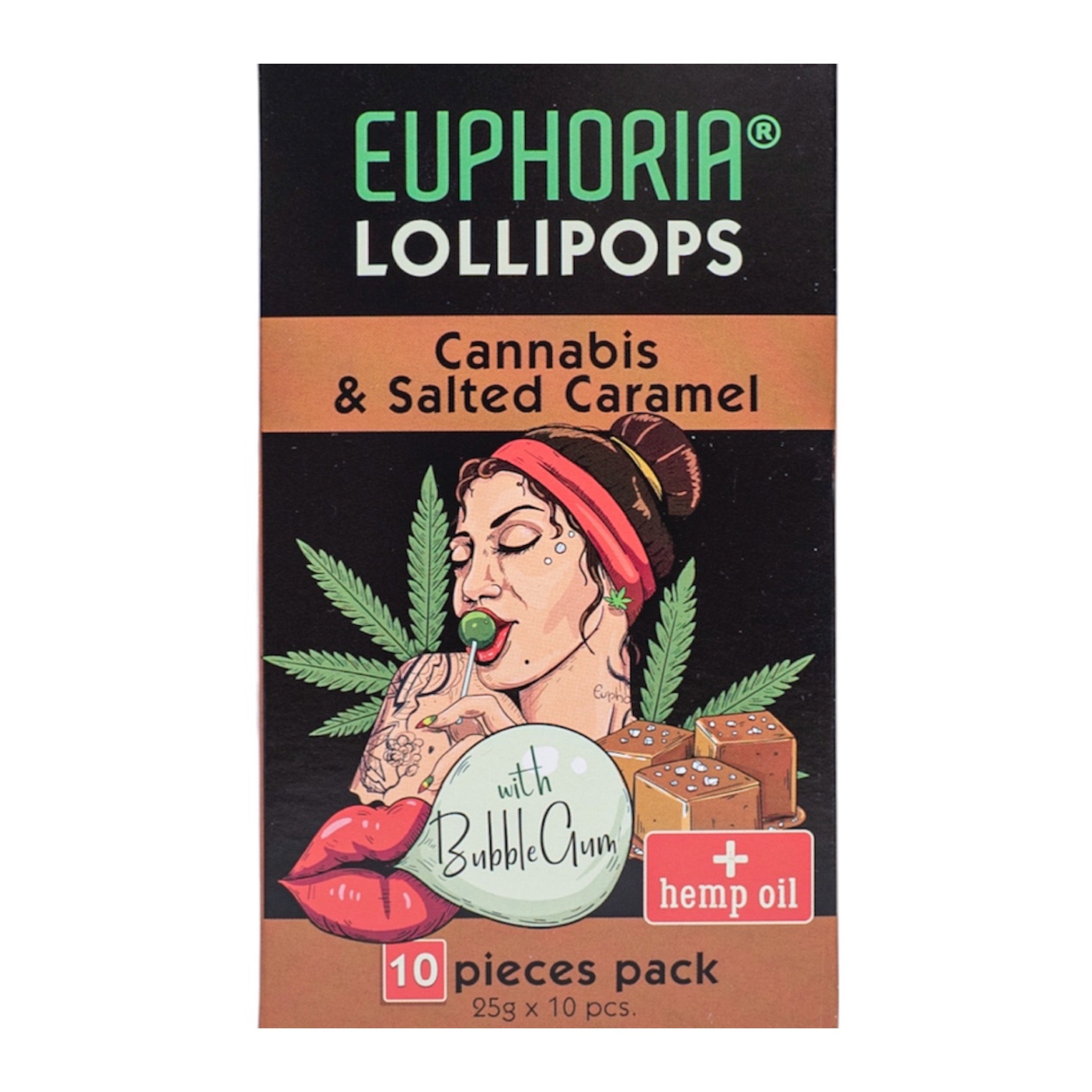 livraison commande acheter Euphoria - Cannabis Lollipops - Cannabis & salted caramel  - 10x Sucettes de chanvre + Bubble Gum - 250gr