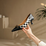 Women's leather pumps Checkerboard pumps with a cowhide upper 22-24.5cm women's heels