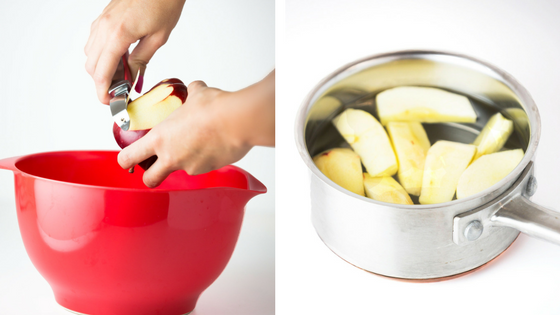 peeling an apple and putting the slices into water