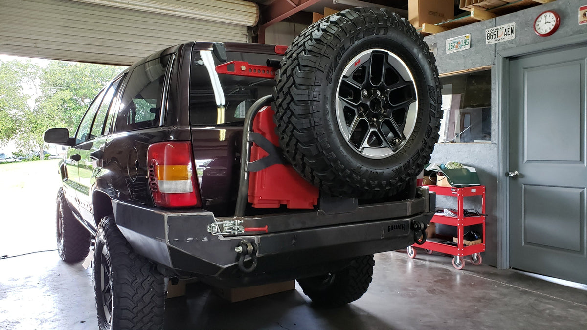 Jeep WJ rear bumper Swamper w/ tire carrier – Goliath Off Road