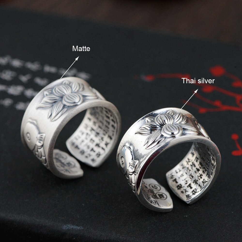 S990 Sterling Silver Vintage Style Open Ring for Men and Women Retro Buddhist Lotus Heart Sutra Ring Couple Jewelry