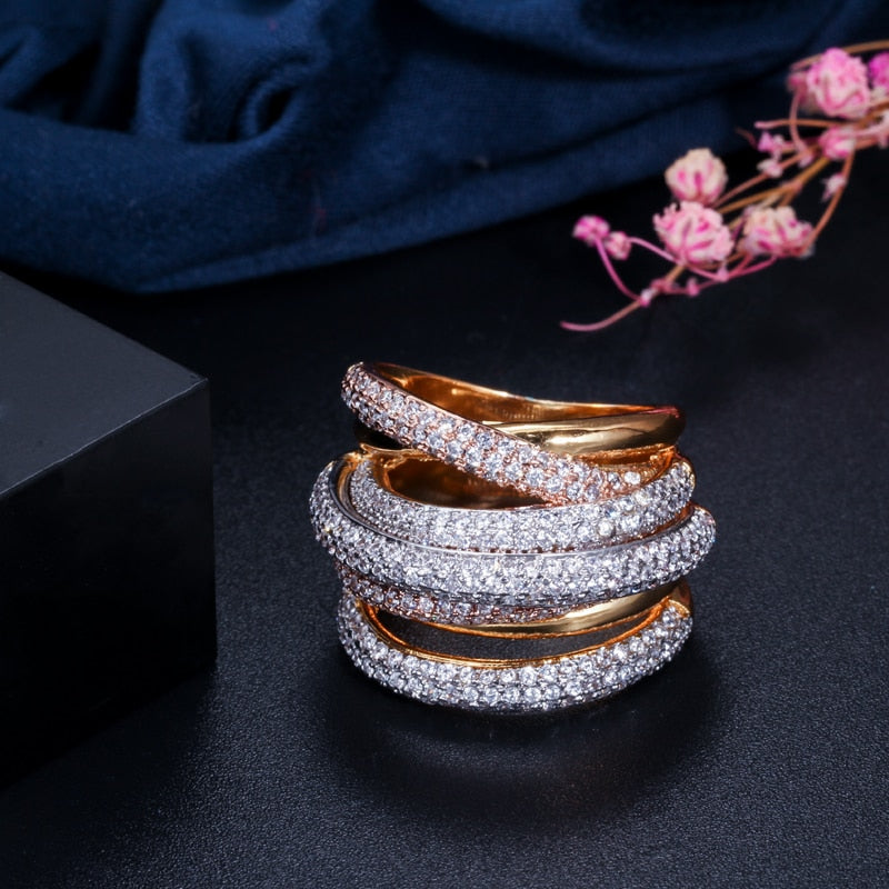 Luxury Designer 3 Tones Gold Geometry Cubic Zironium Big Wedding Finger Ring