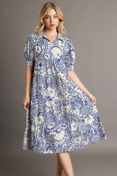 Umgee Royal Blue Printed Smocked Cuff Puff Sleeve Midi Dress