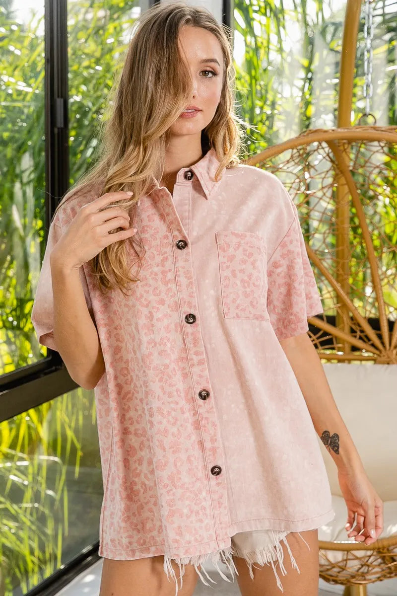 BiBi Dusty Pink Mineral Washed Leopard Print Short Sleeve Shirt