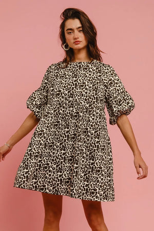 BiBi Leopard Denim Dress With Back Contrast Tie Detail - Ruby Idol Apparel