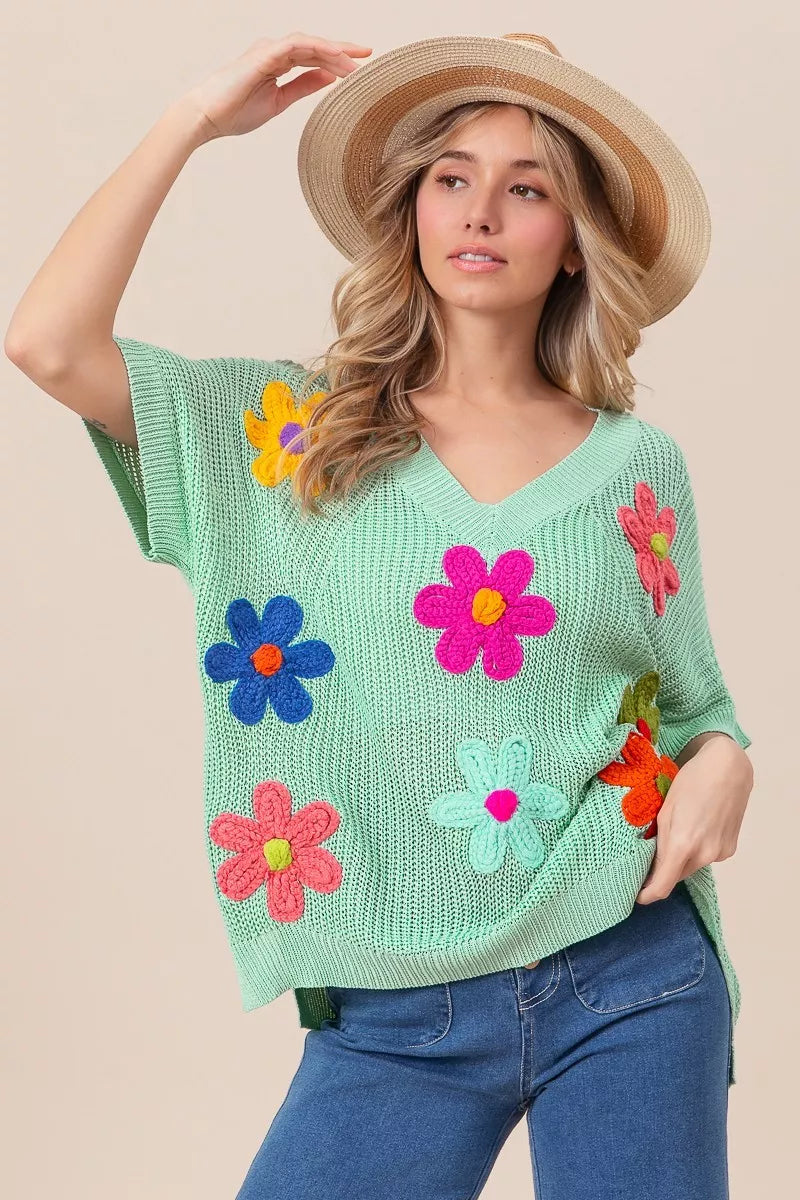 BiBi Flower Patches Dolman Short Sleeve Lightweight Sweater